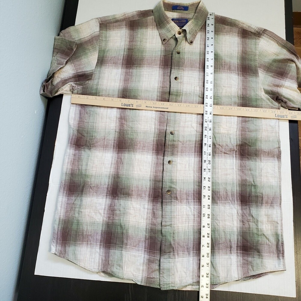 Pendleton 100% Cotton Button Up Shirt Size L Large Plaid Short Sleeve Brown Grn‎ - Picture 7 of 9